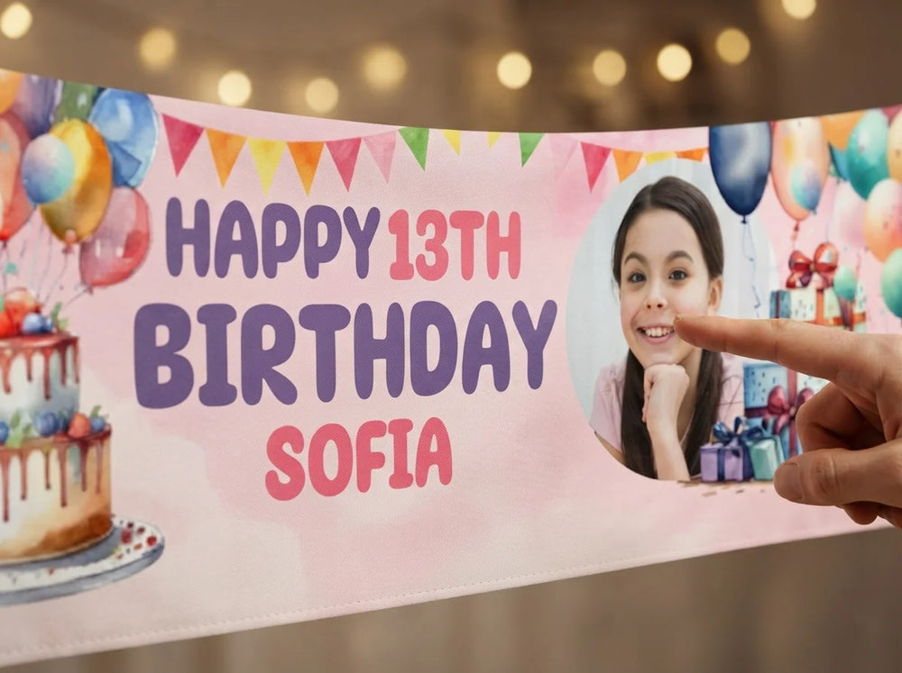 Close-up of the personalised name and photo printed on the Watercolor Balloons & Cake Birthday Party Banner