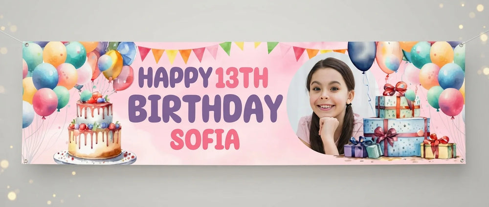Personalised Watercolor Balloons & Cake Birthday Party Banner displayed against a plain studio background