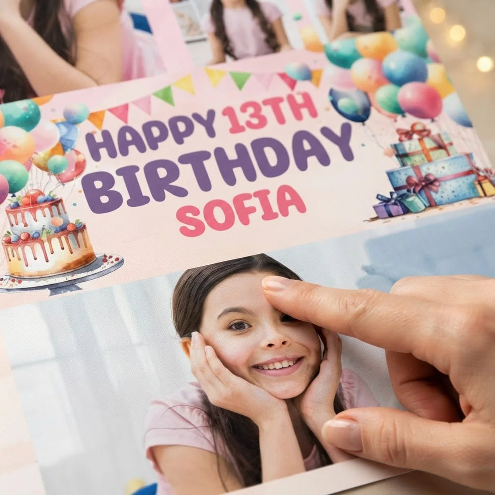 Close-up of the personalised name and photo printed on the Watercolor Balloons & Cake Birthday Party Mega Card