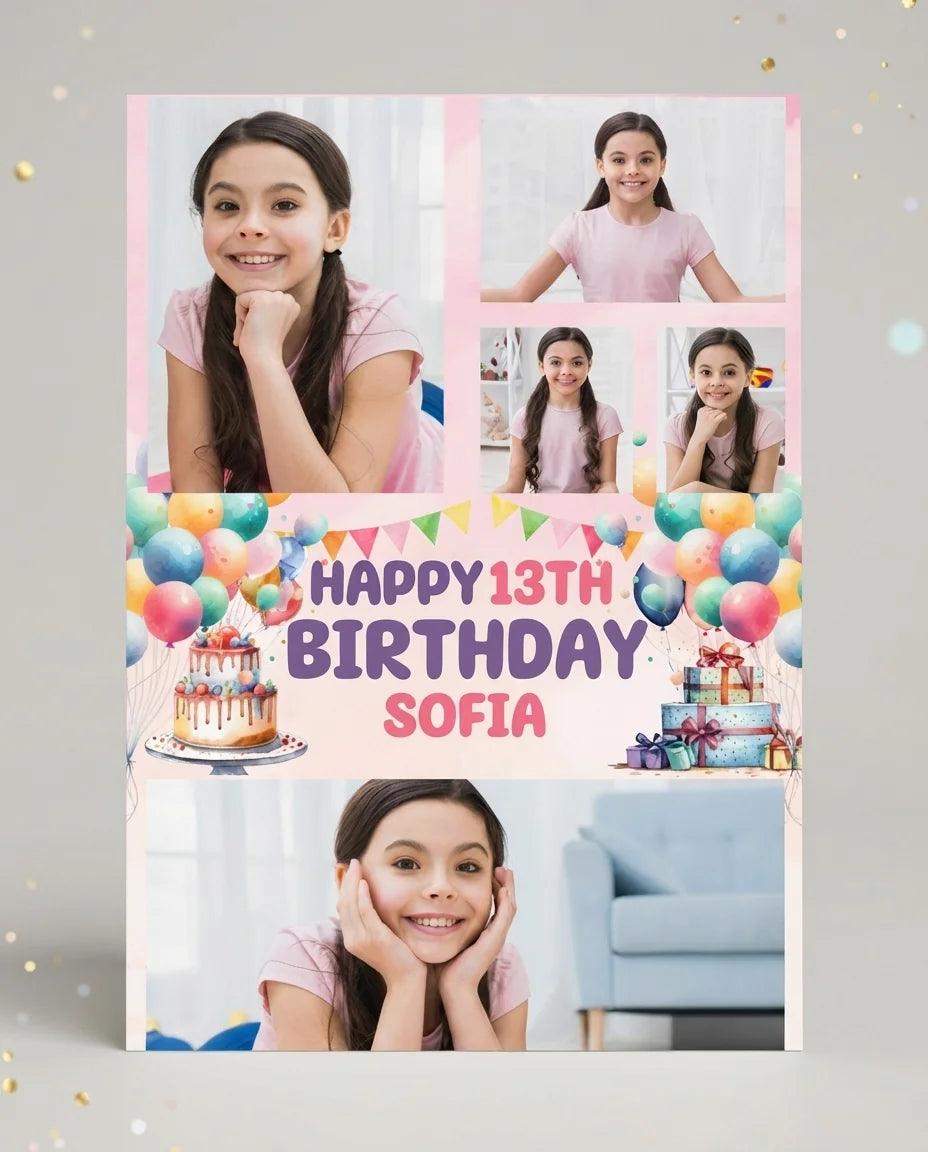 Personalised Watercolor Balloons & Cake Birthday Party Mega Card displayed against a plain studio background