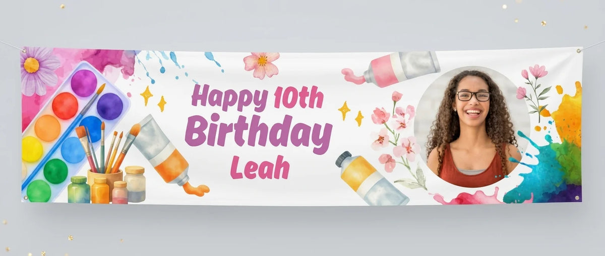 Personalised Watercolor Birthday Party Banner displayed against a plain studio background