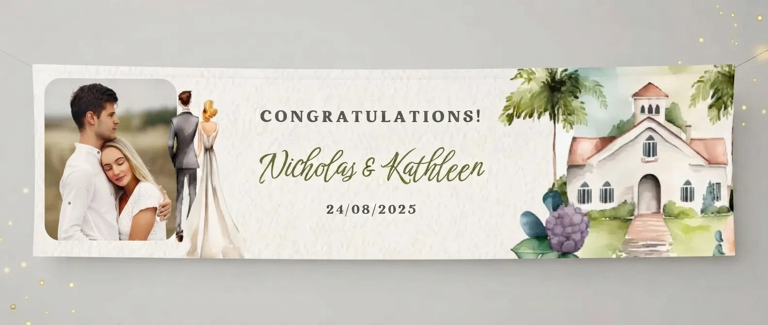 Personalised Watercolor Church Wedding Banner displayed against a plain studio background