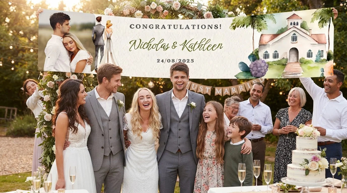 Friends and family celebrating with the personalised Watercolor Church Wedding Banner