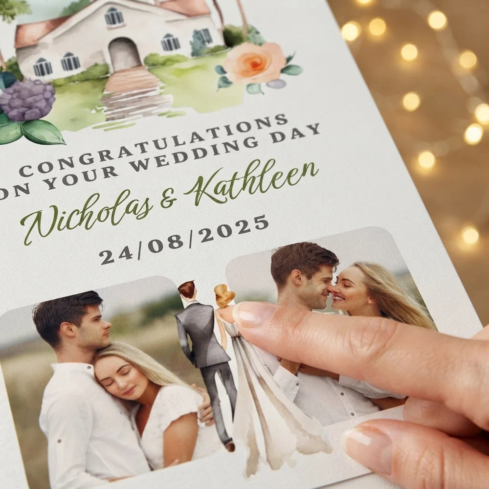 Close-up of the personalised name and photo printed on the Watercolor Church Wedding Mega Card