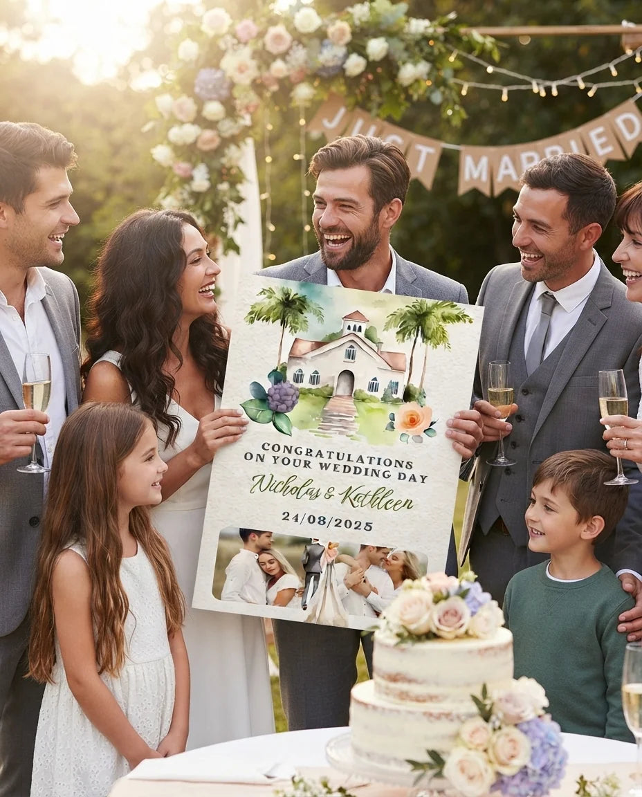 Friends and family celebrating with the personalised Watercolor Church Wedding Mega Card