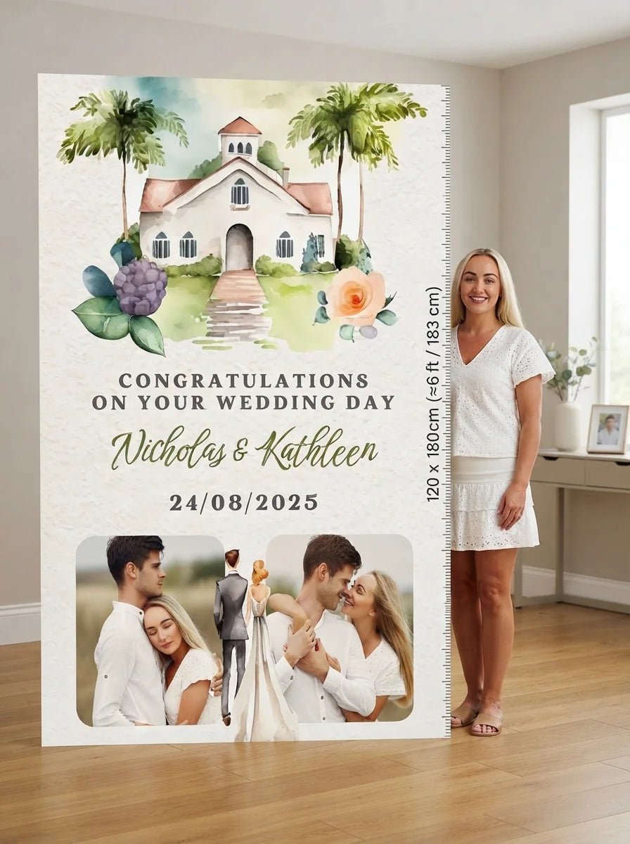 Person standing beside the Watercolor Church Wedding Mega Card for scale in a size guide