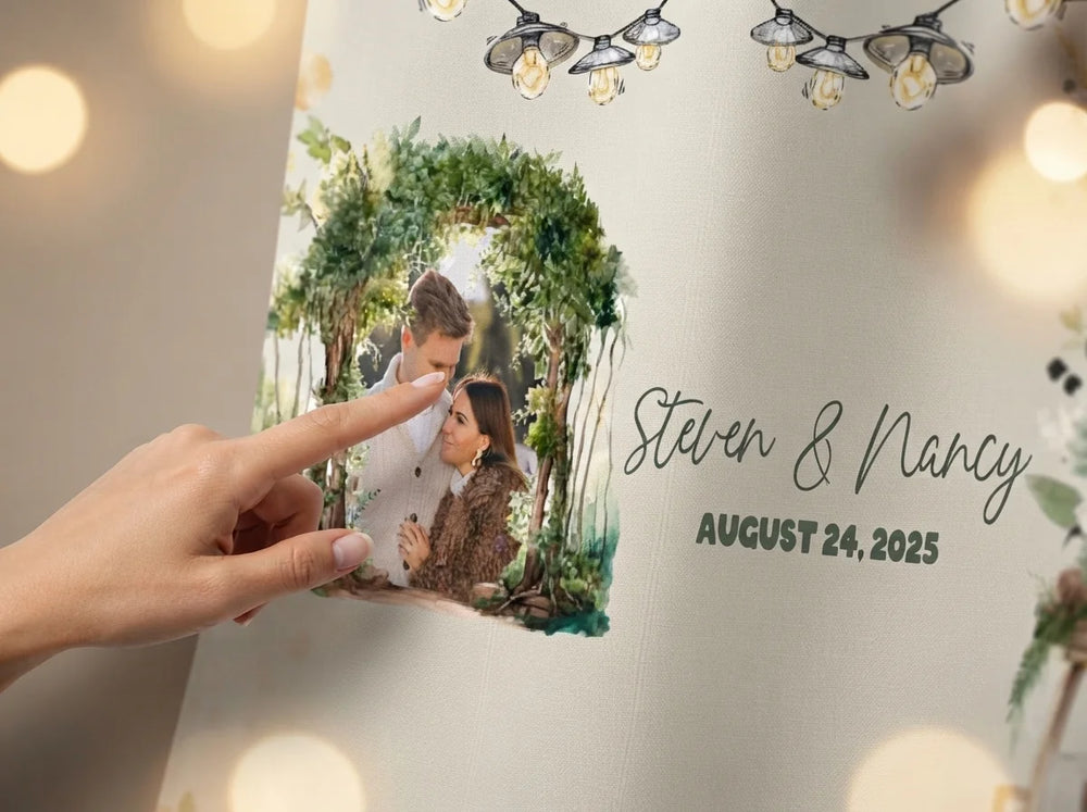 Close-up of the personalised name and photo printed on the Watercolor Forest Wedding Banner