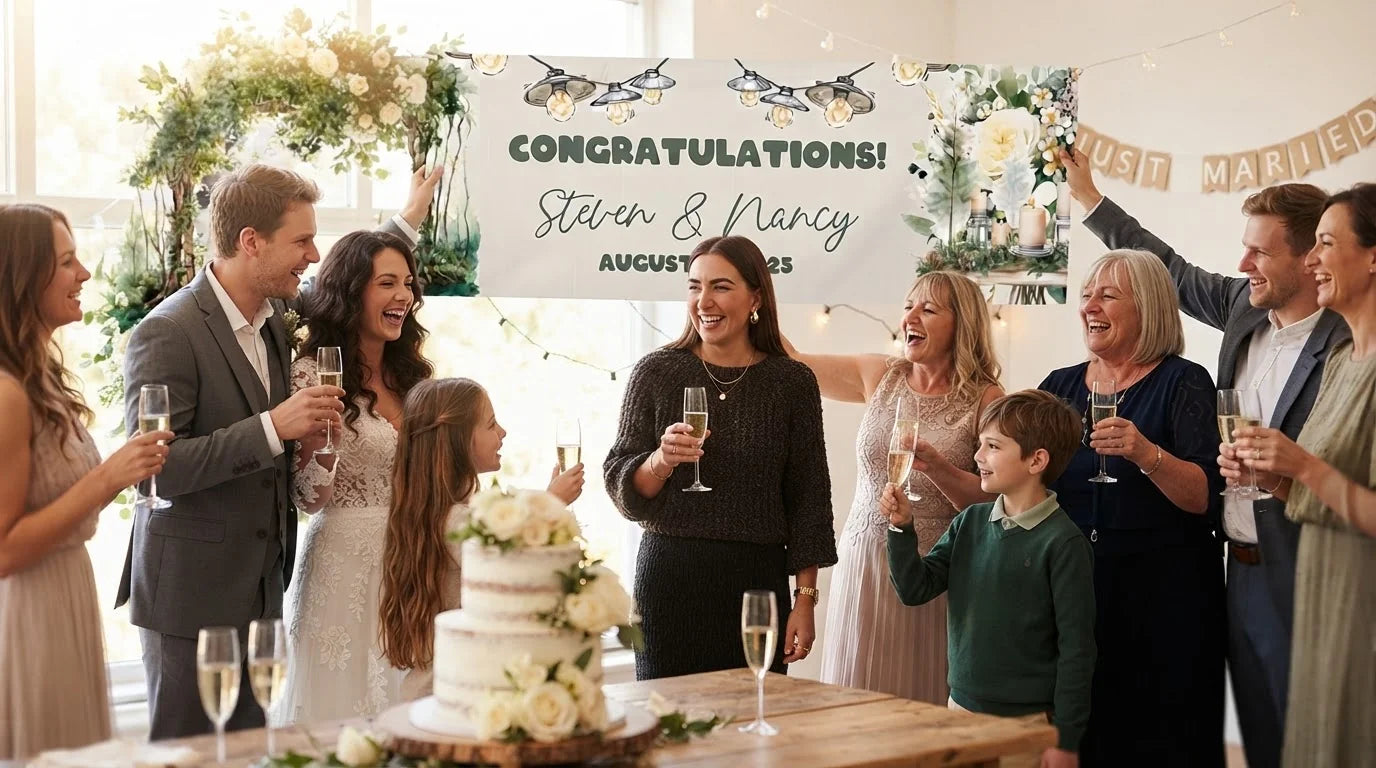 Friends and family celebrating with the personalised Watercolor Forest Wedding Banner