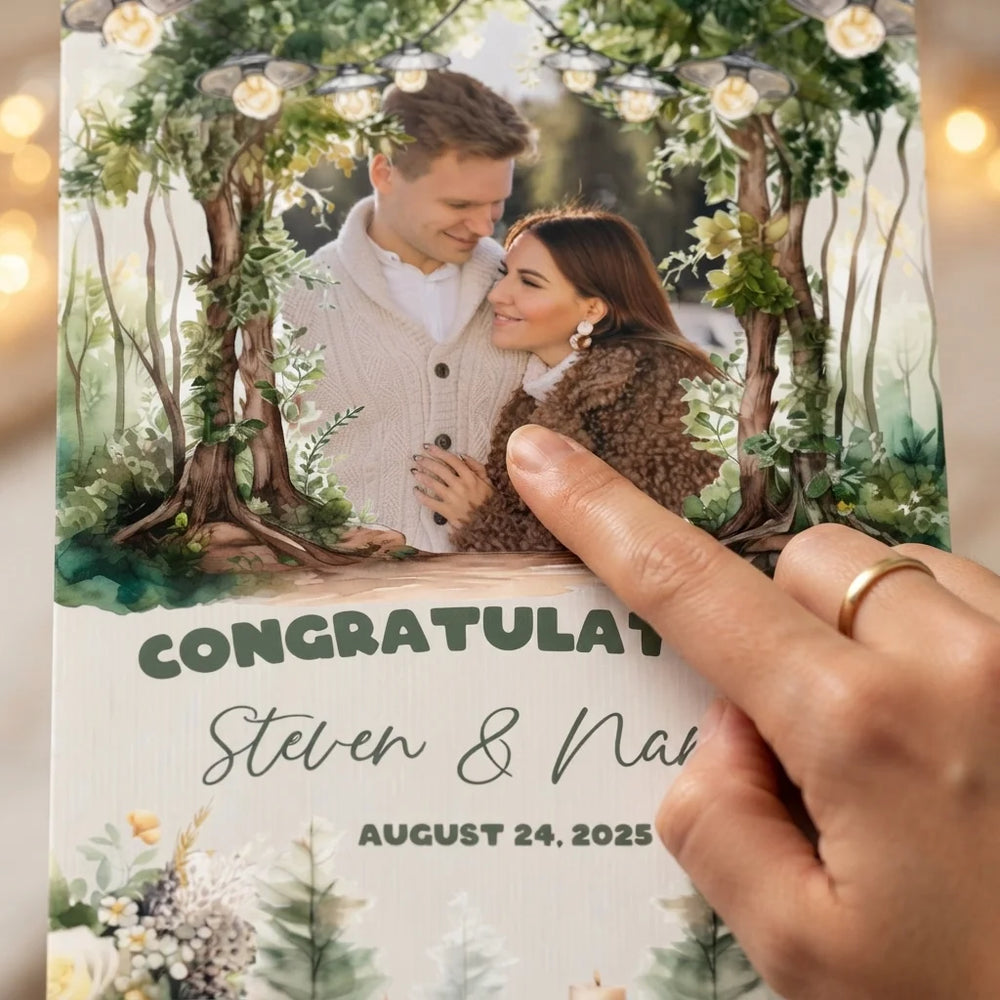 Close-up of the personalised name and photo printed on the Watercolor Forest Wedding Mega Card