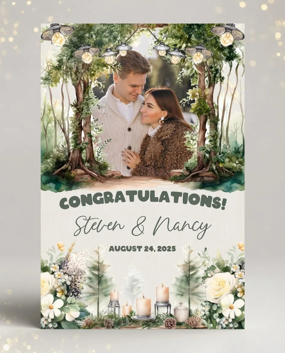 Personalised Watercolor Forest Wedding Mega Card displayed against a plain studio background
