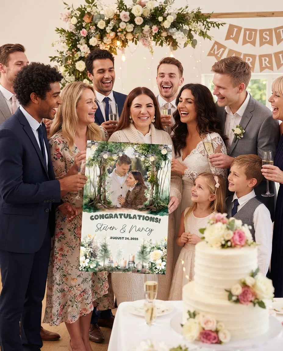 Friends and family celebrating with the personalised Watercolor Forest Wedding Mega Card