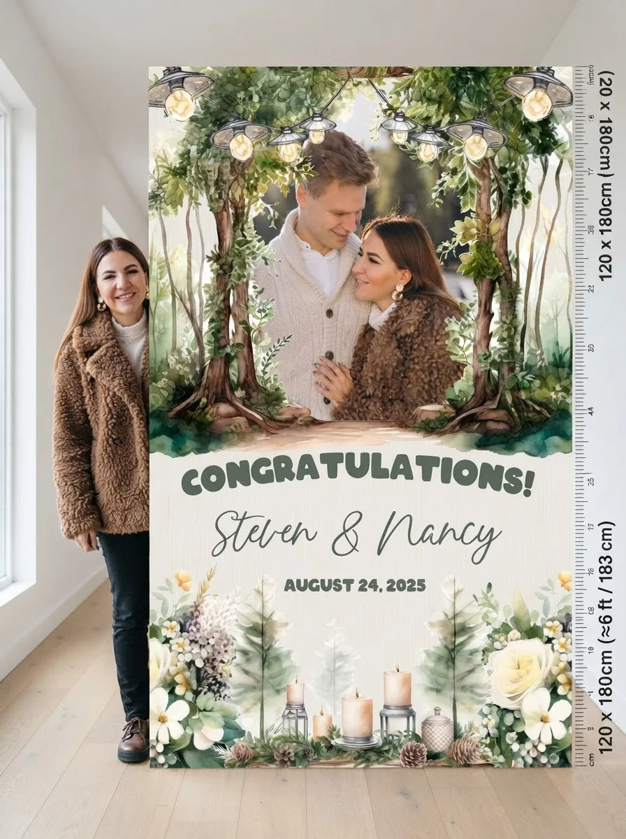 Person standing beside the Watercolor Forest Wedding Mega Card for scale in a size guide