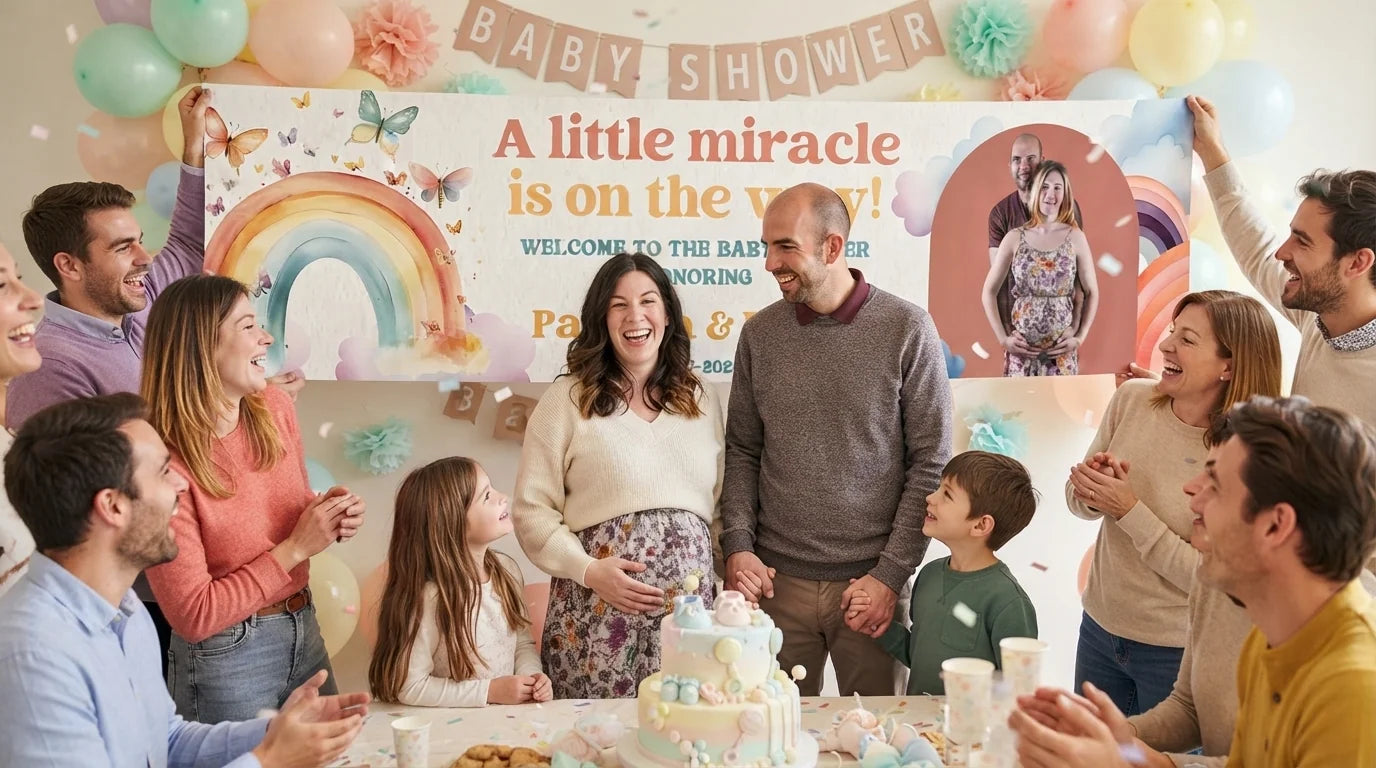 Friends and family celebrating with the personalised Watercolor Rainbow Baby Shower Party Banner