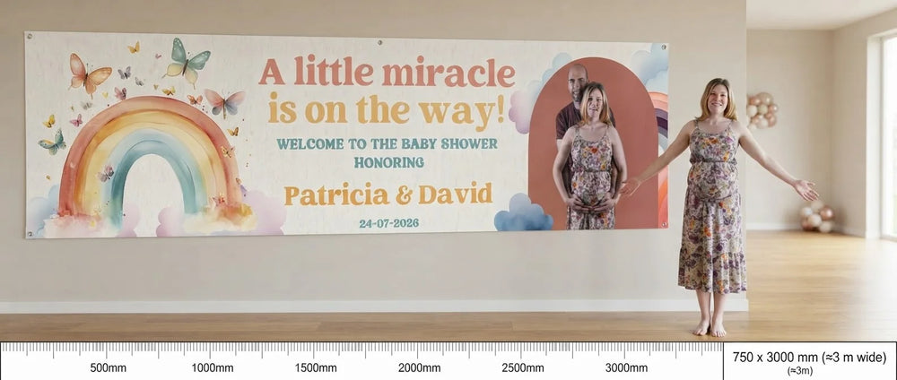 Person standing beside the Watercolor Rainbow Baby Shower Party Banner for scale, with size guide showing 750 x 3000 mm