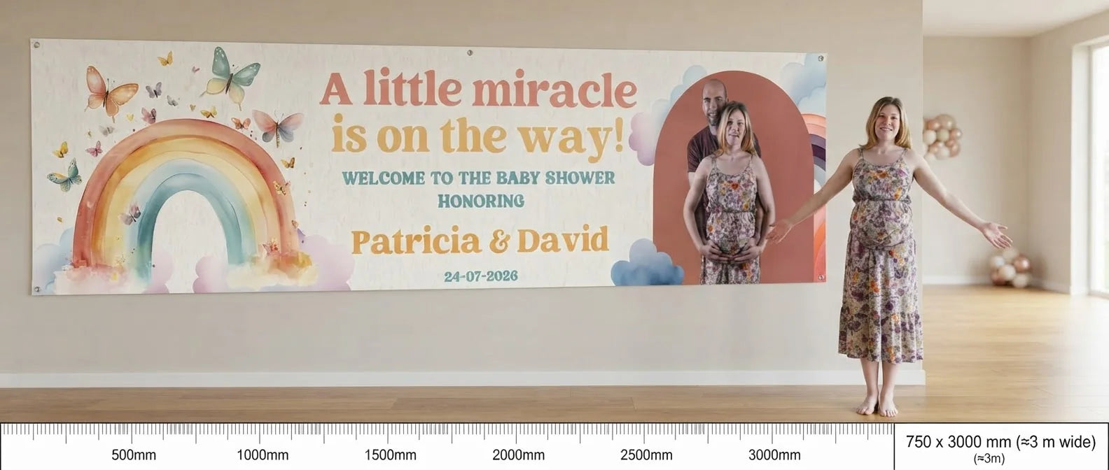 Person standing beside the Watercolor Rainbow Baby Shower Party Banner for scale, with size guide showing 750 x 3000 mm