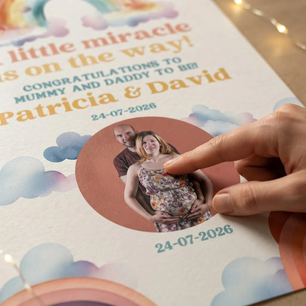 Close-up of the personalised name and photo printed on the Watercolor Rainbow Baby Shower Party Mega Card