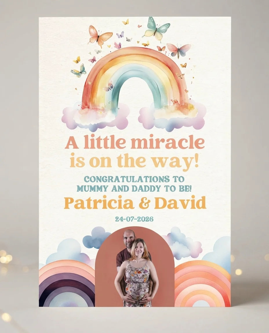 Personalised Watercolor Rainbow Baby Shower Party Mega Card displayed against a plain studio background