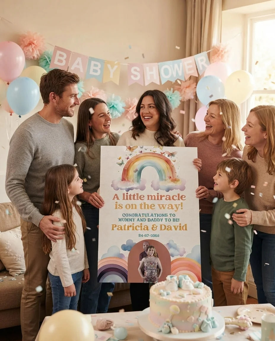 Friends and family celebrating with the personalised Watercolor Rainbow Baby Shower Party Mega Card