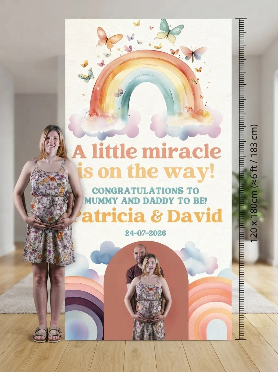 Person standing beside the Watercolor Rainbow Baby Shower Party Mega Card for scale in a size guide
