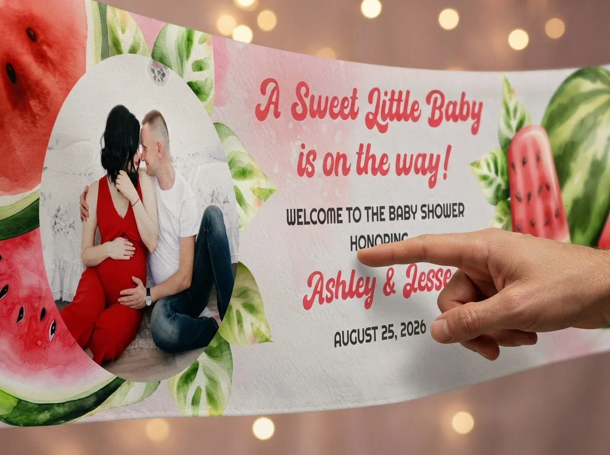 Close-up of the personalised name and photo printed on the Watermelon Baby Shower Party Banner