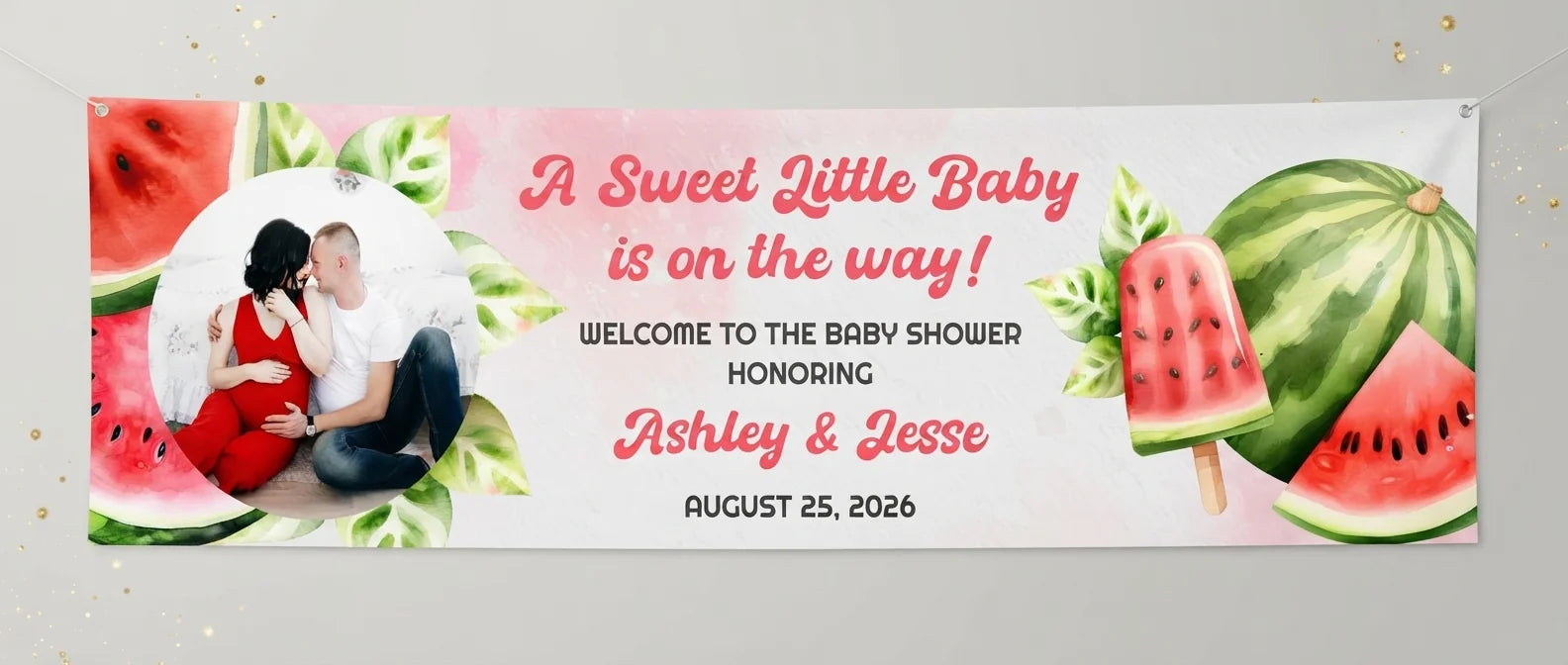 Personalised Watermelon Baby Shower Party Banner displayed against a plain studio background