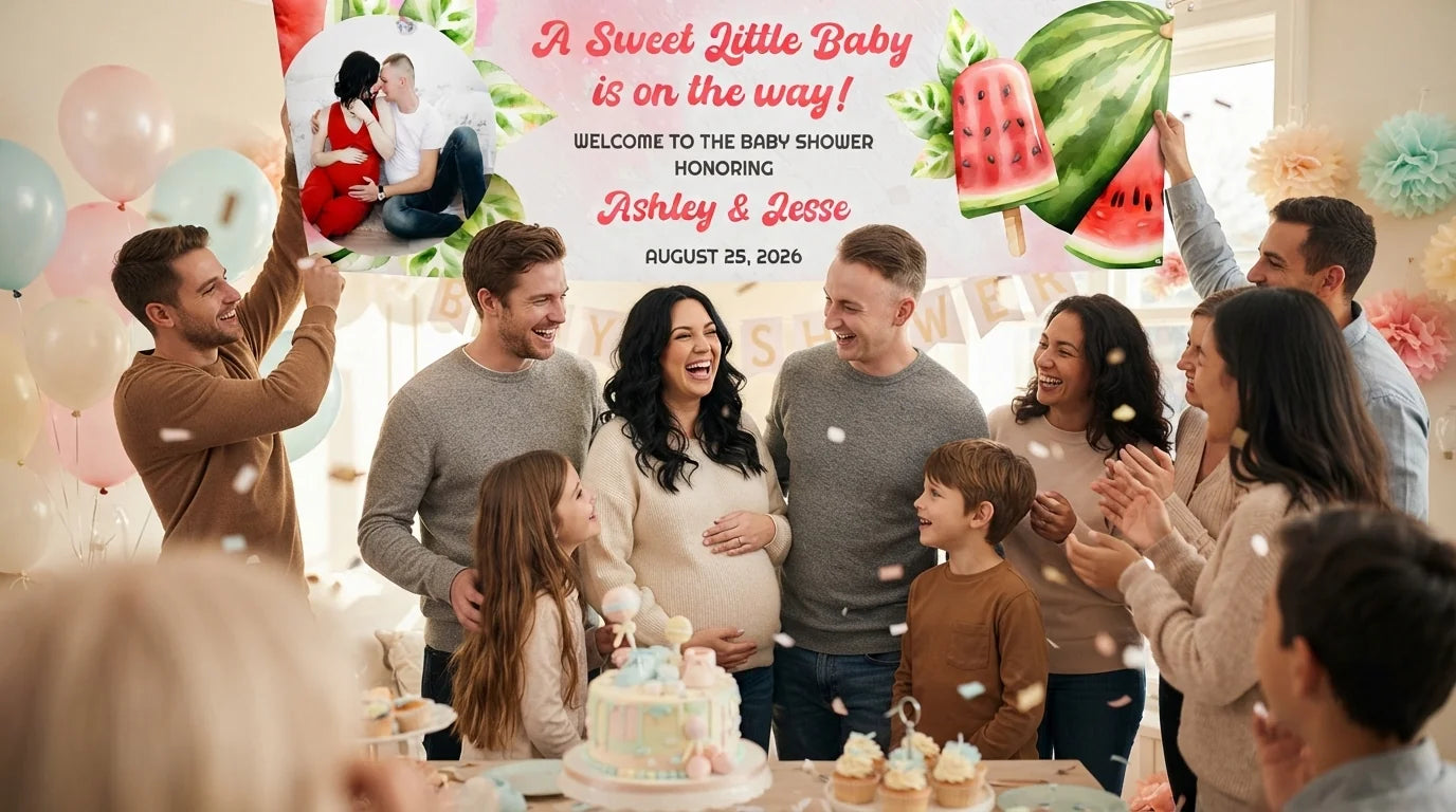 Friends and family celebrating with the personalised Watermelon Baby Shower Party Banner