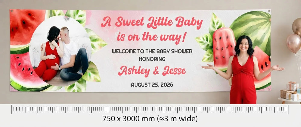 Person standing beside the Watermelon Baby Shower Party Banner for scale, with size guide showing 750 x 3000 mm