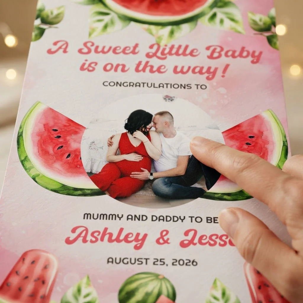 Close-up of the personalised name and photo printed on the Watermelon Baby Shower Party Mega Card