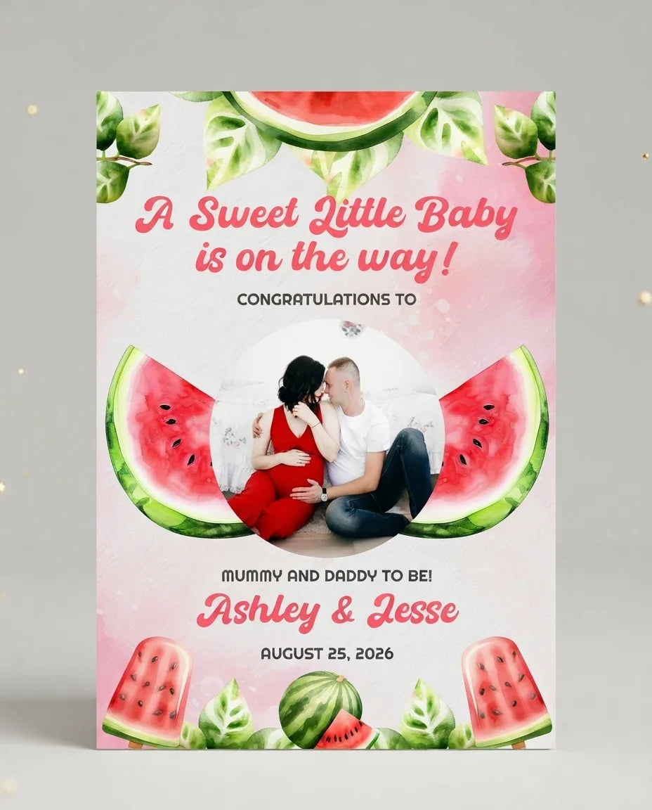 Personalised Watermelon Baby Shower Party Mega Card displayed against a plain studio background
