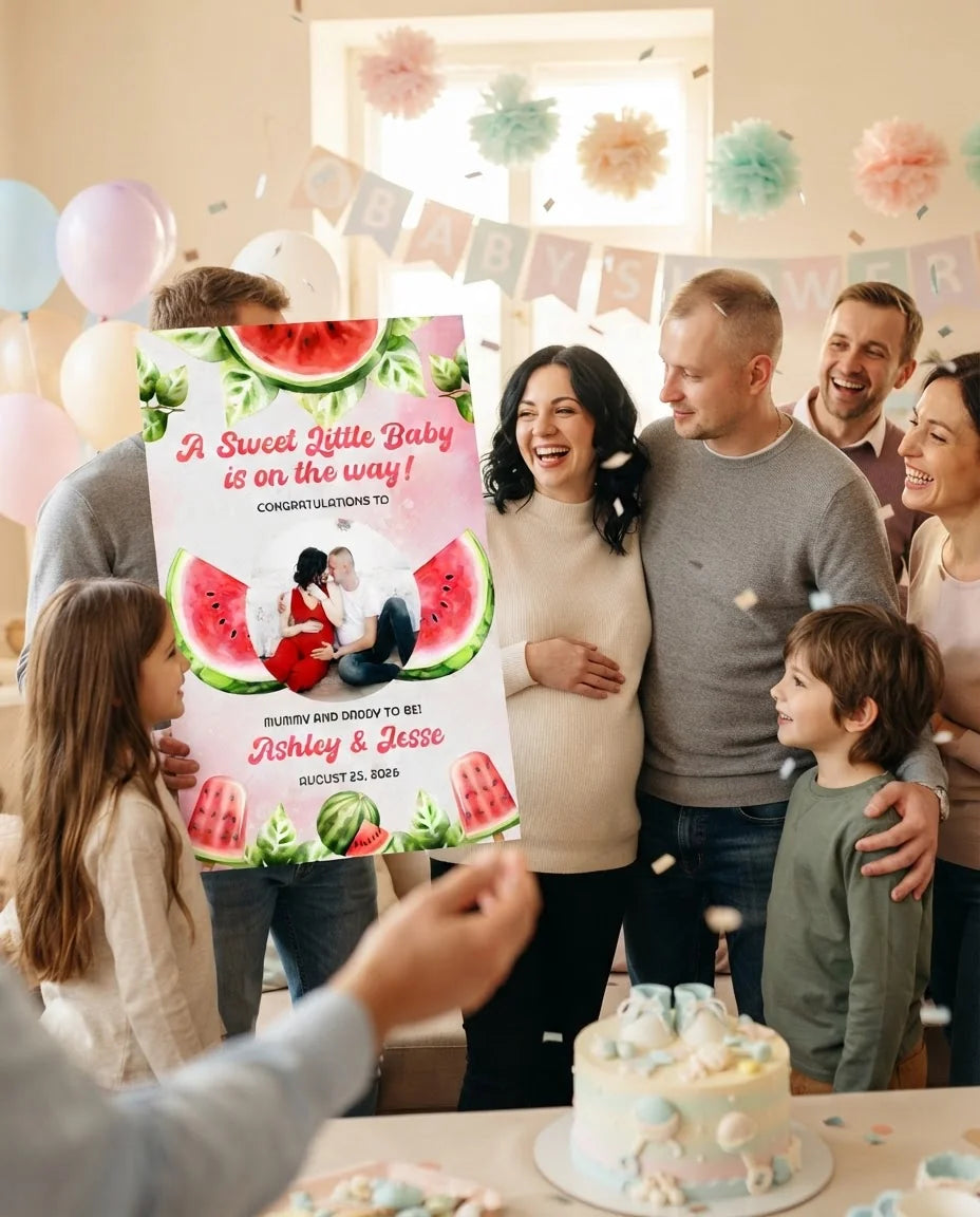 Friends and family celebrating with the personalised Watermelon Baby Shower Party Mega Card