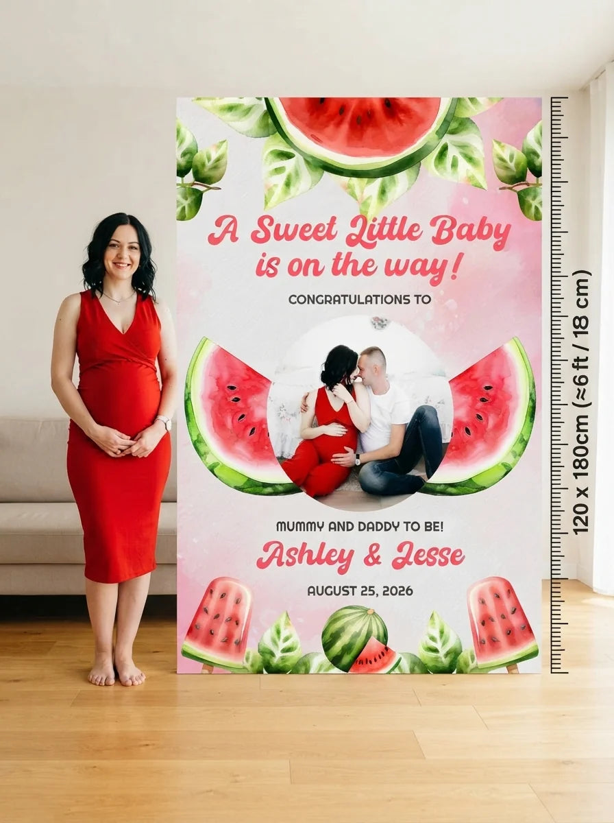 Person standing beside the Watermelon Baby Shower Party Mega Card for scale in a size guide