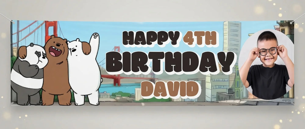 Personalised We Bare Bears Birthday Banner displayed against a plain studio background