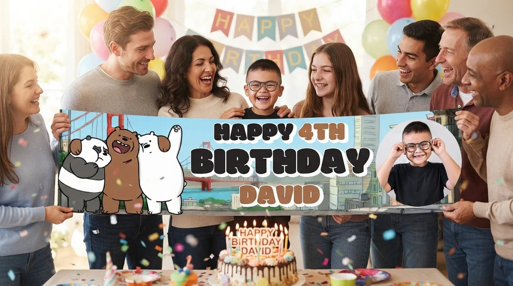 Friends and family celebrating with the personalised We Bare Bears Birthday Banner