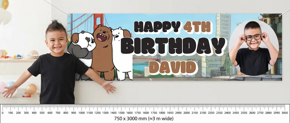 Person standing beside the We Bare Bears Birthday Banner for scale, with size guide showing 750 x 3000 mm