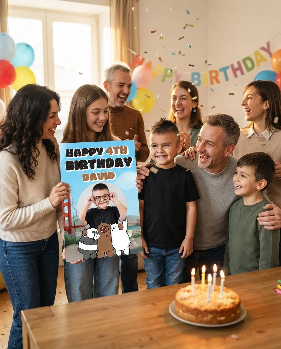 Friends and family celebrating with the personalised We Bare Bears Mega Card