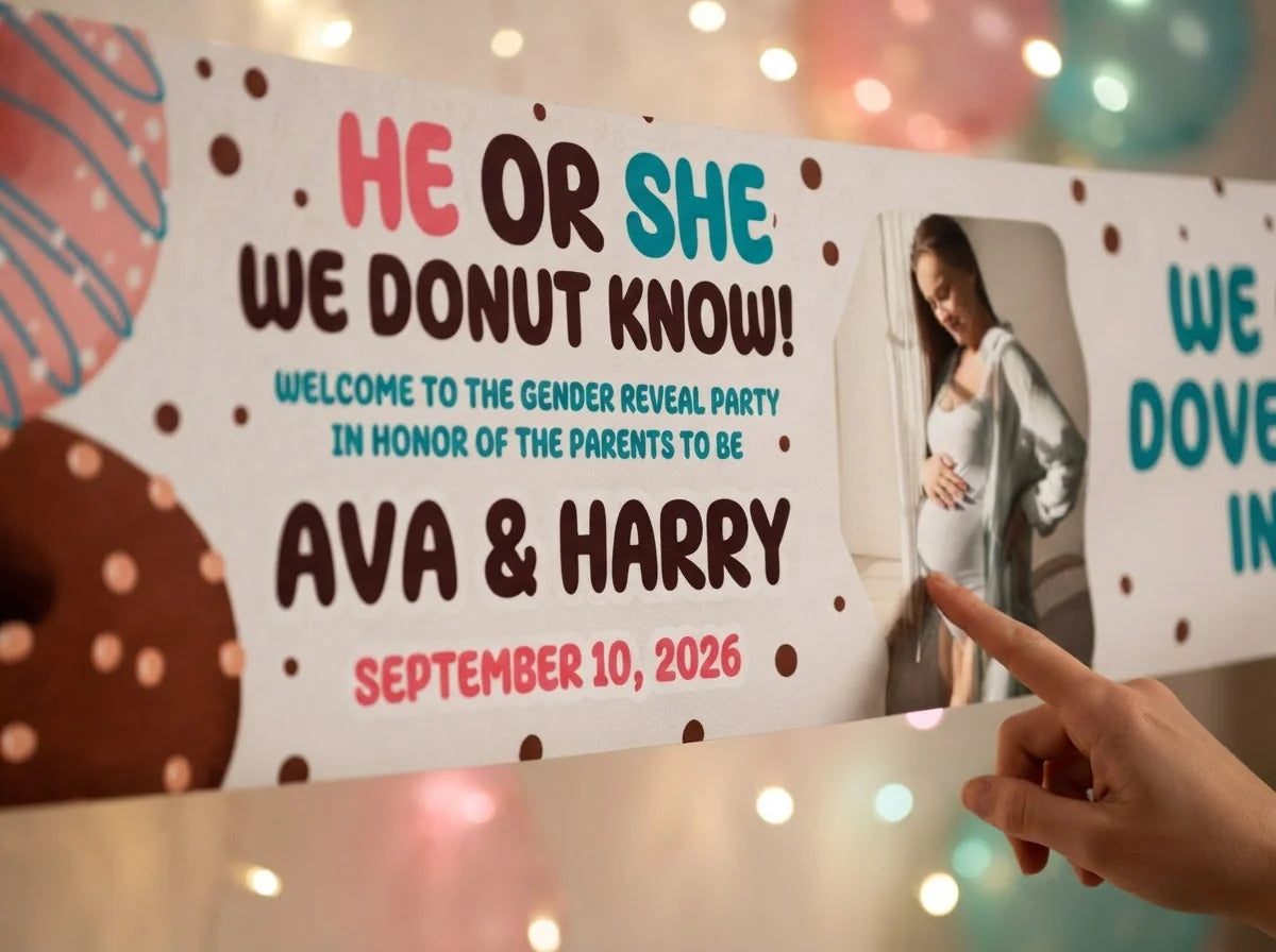Close-up of the personalised name and photo printed on the We DONUT know Gender Reveal Party Banner