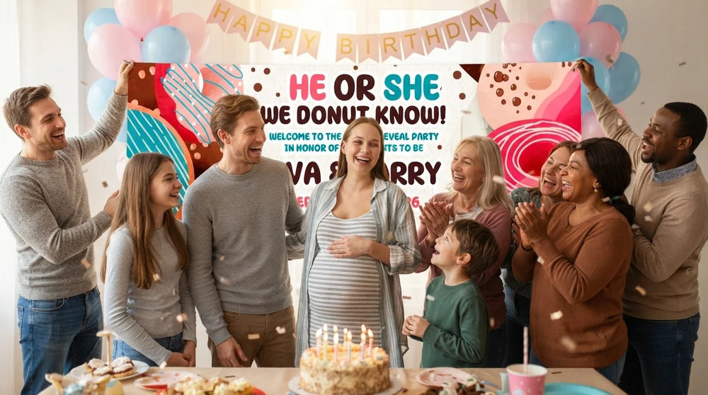 Friends and family celebrating with the personalised We DONUT know Gender Reveal Party Banner