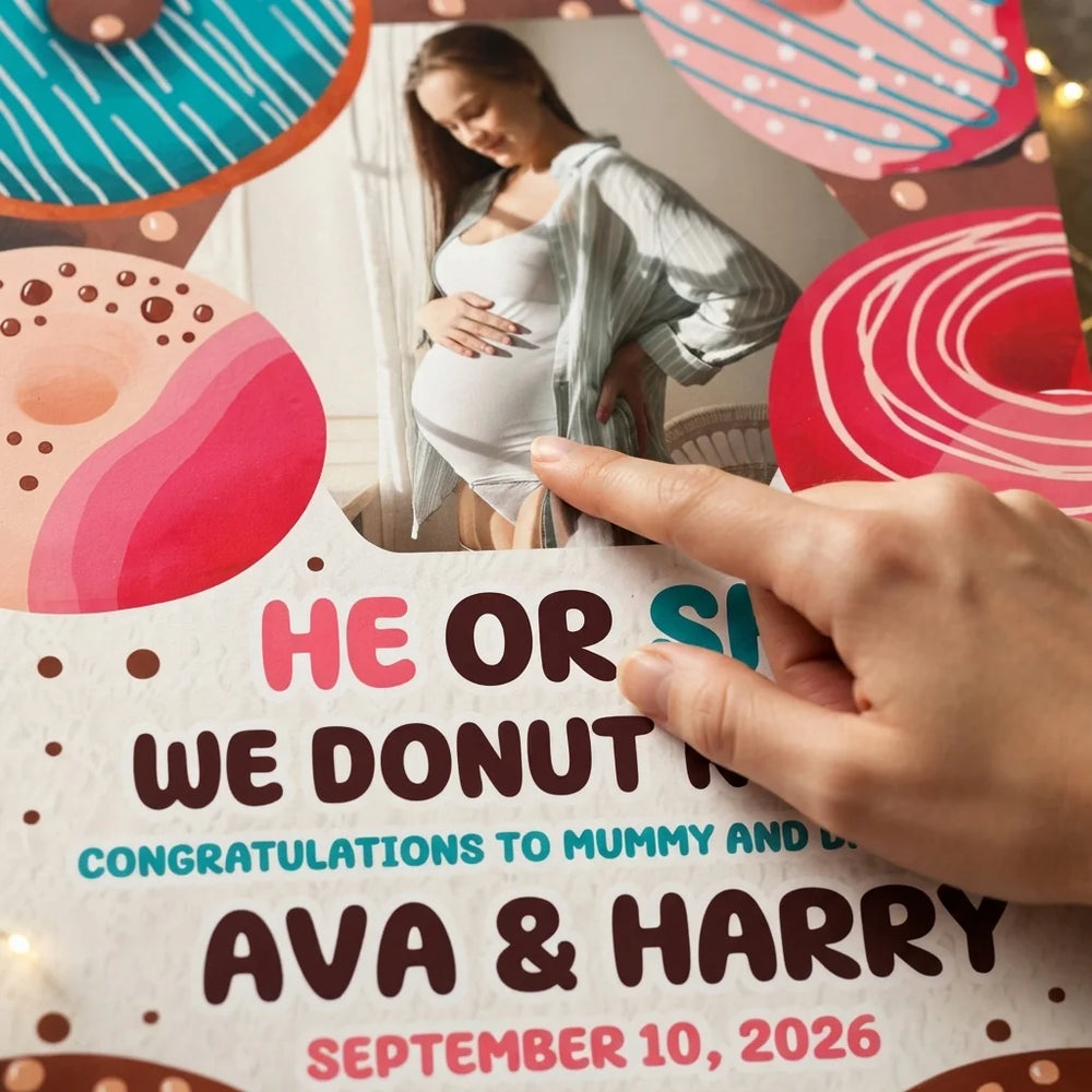 Close-up of the personalised name and photo printed on the We DONUT know Gender Reveal Party Mega Card