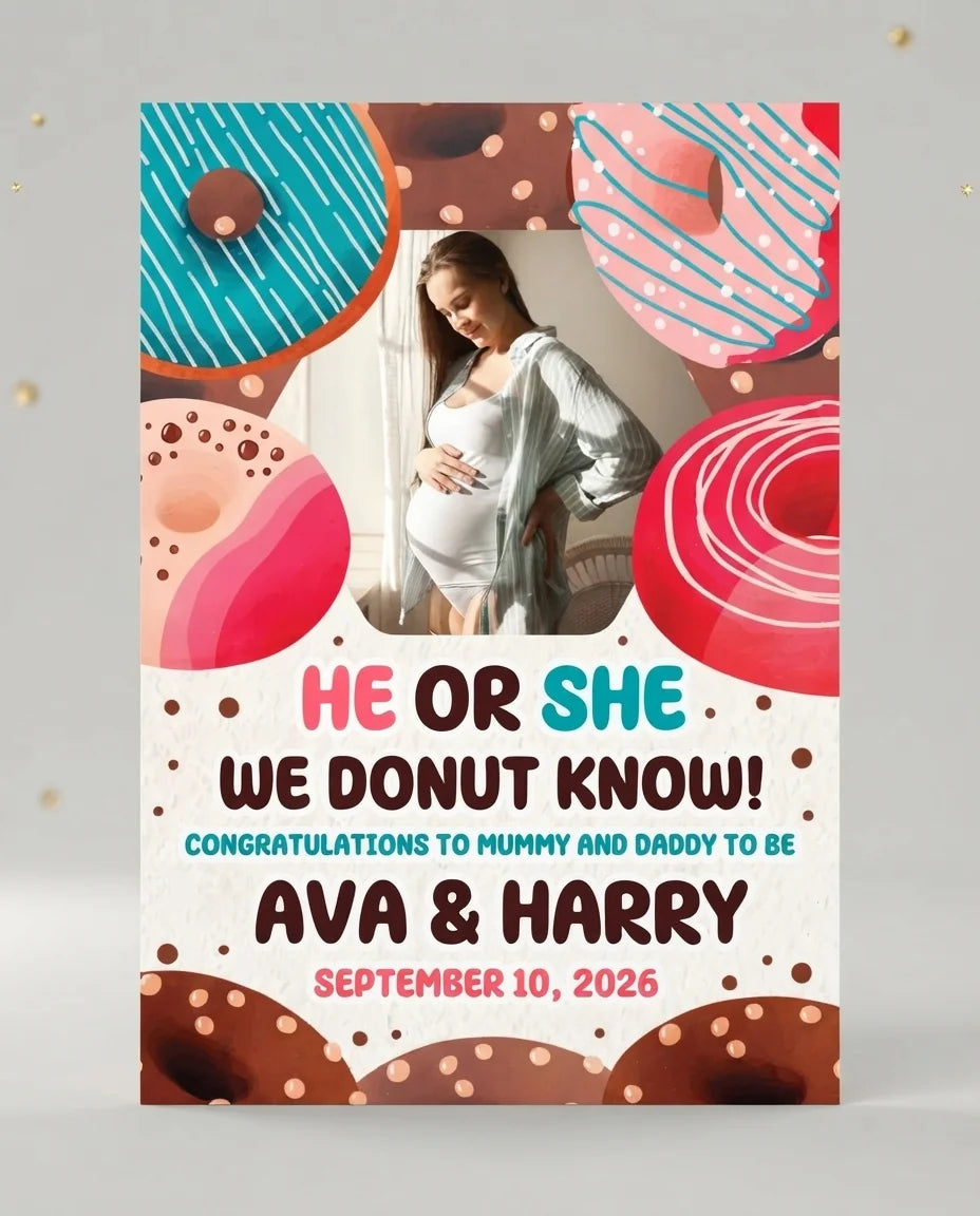Personalised We DONUT know Gender Reveal Party Mega Card displayed against a plain studio background