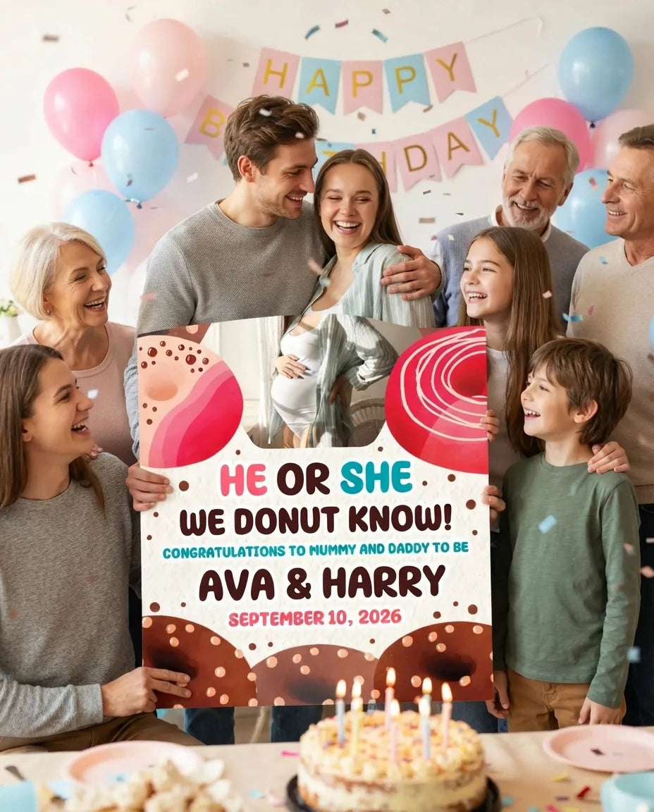 Friends and family celebrating with the personalised We DONUT know Gender Reveal Party Mega Card