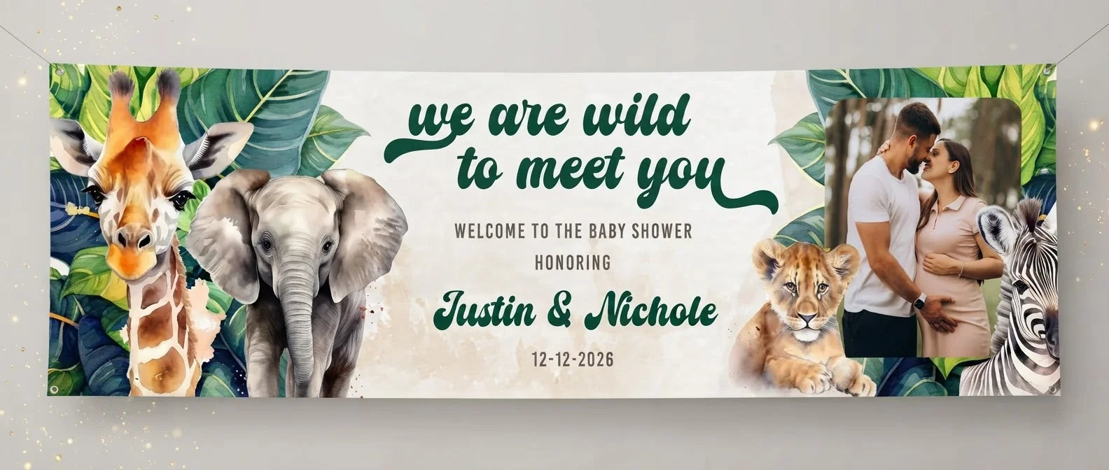 Personalised We’re Wild to Meet You Baby Shower Party Banner displayed against a plain studio background
