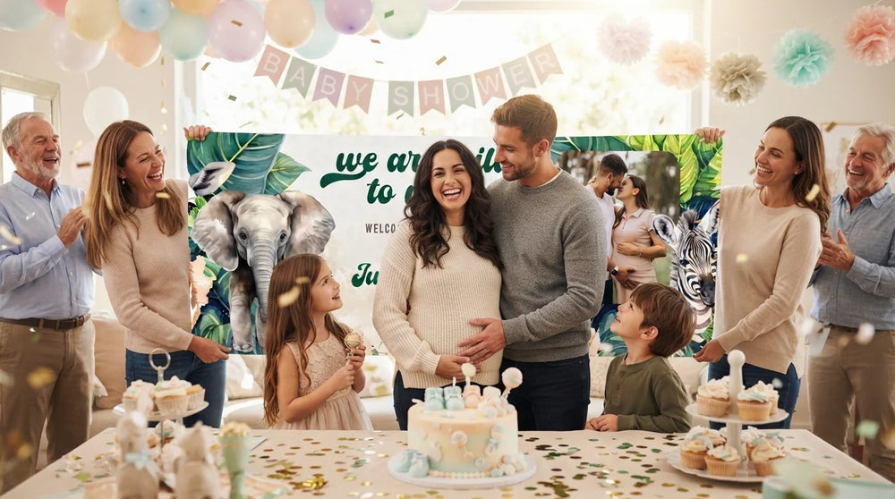 Friends and family celebrating with the personalised We’re Wild to Meet You Baby Shower Party Banner