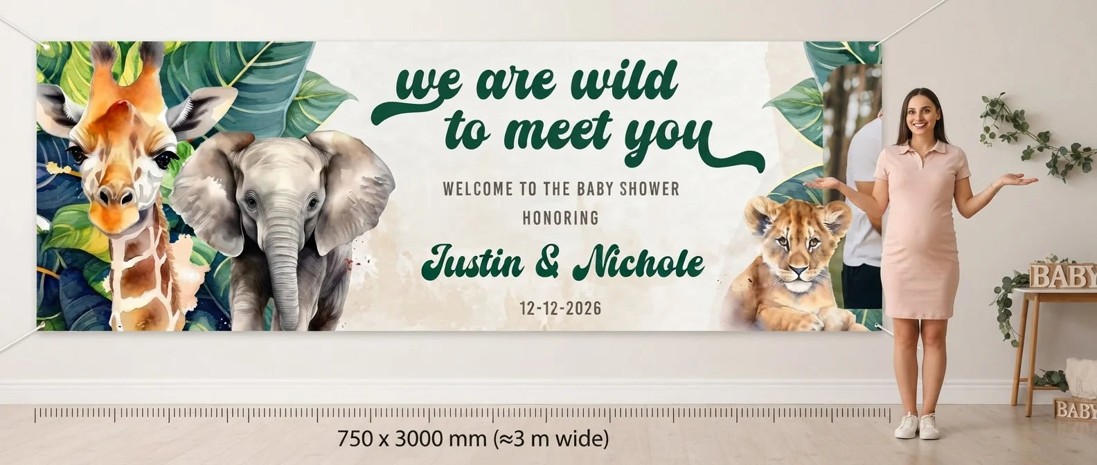 Person standing beside the We’re Wild to Meet You Baby Shower Party Banner for scale, with size guide showing 750 x 3000 mm