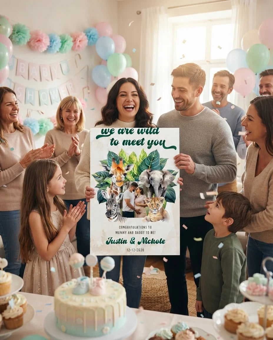 Friends and family celebrating with the personalised We’re Wild to Meet You Baby Shower Party Mega Card