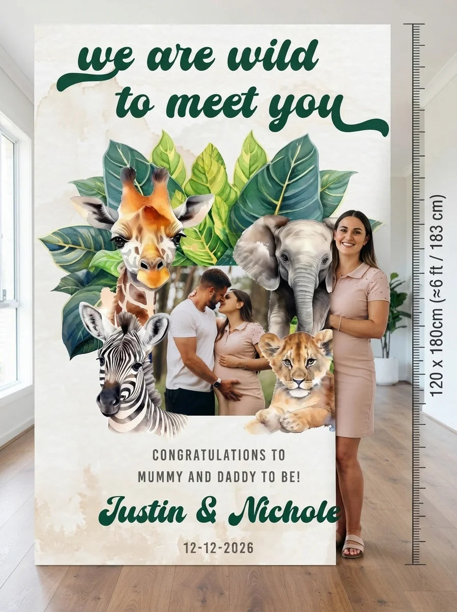 Person standing beside the We’re Wild to Meet You Baby Shower Party Mega Card for scale in a size guide