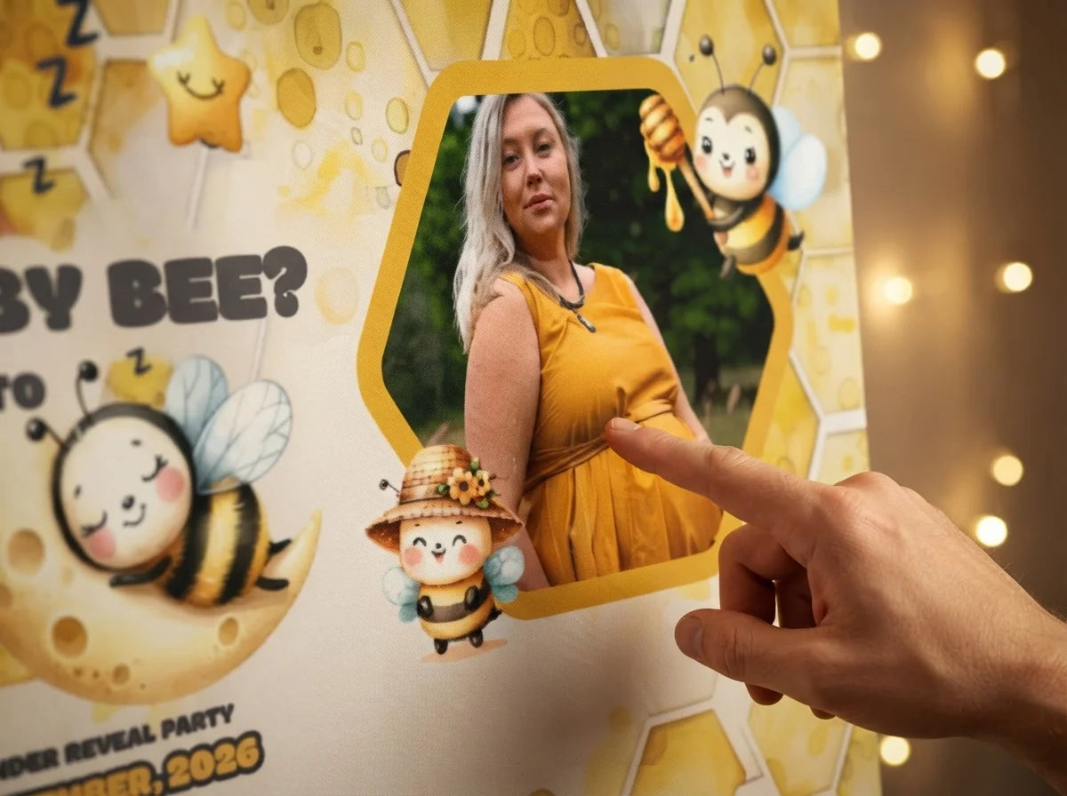 Close-up of the personalised name and photo printed on the What Will the Baby Bee Gender Reveal Party Banner