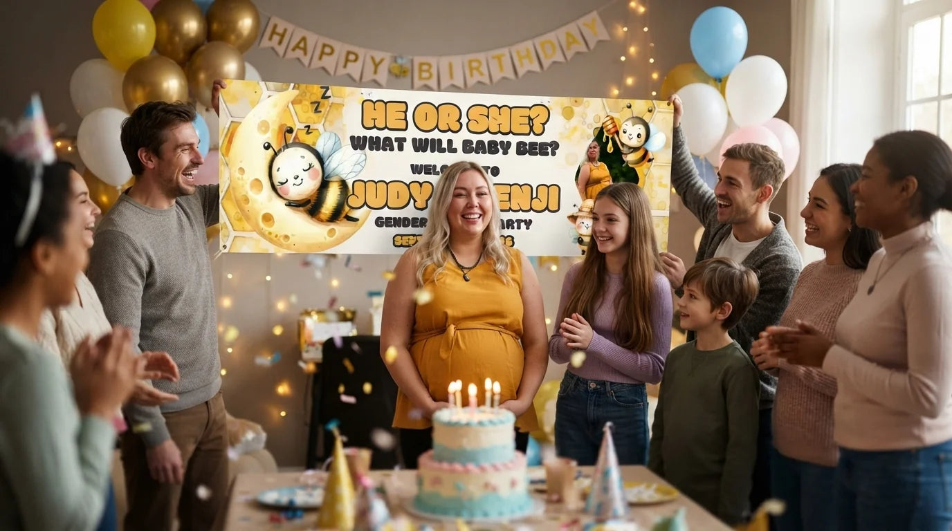 Friends and family celebrating with the personalised What Will the Baby Bee Gender Reveal Party Banner