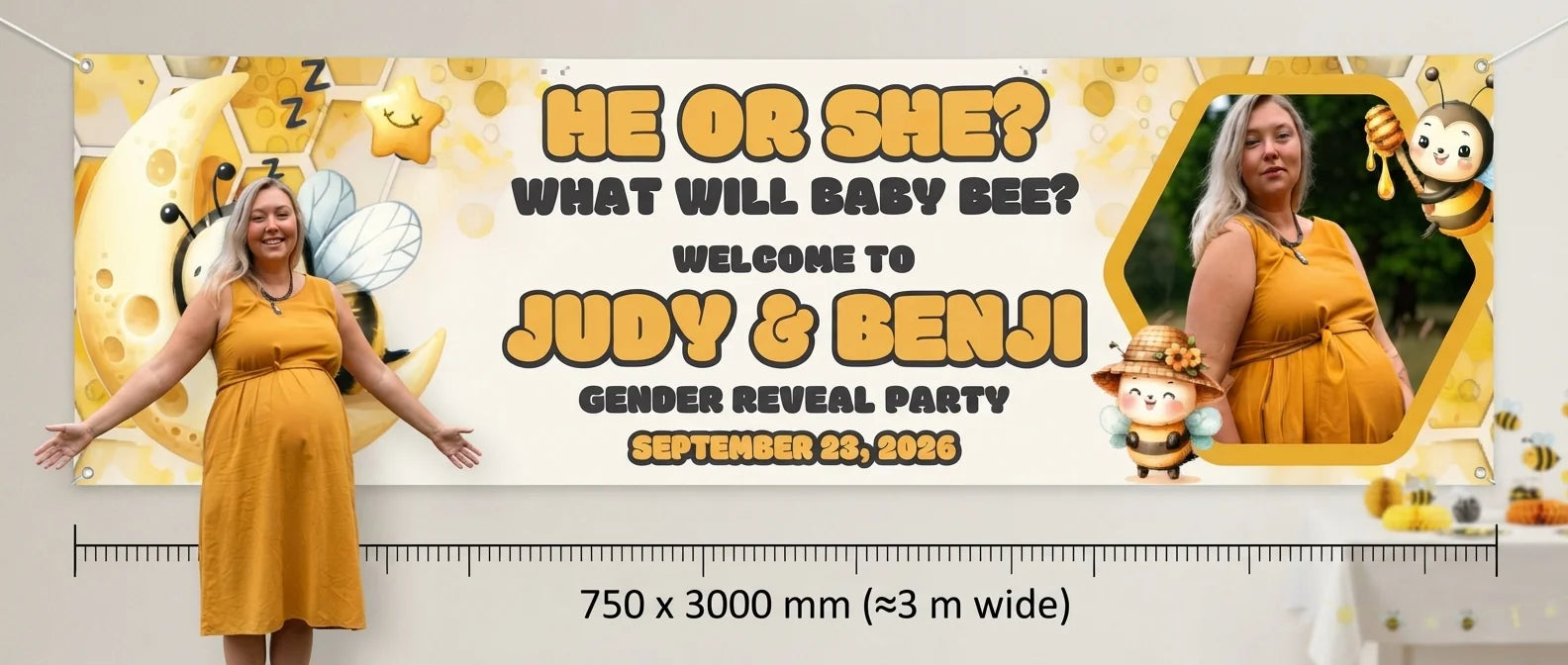 Person standing beside the What Will the Baby Bee Gender Reveal Party Banner for scale, with size guide showing 750 x 3000 mm