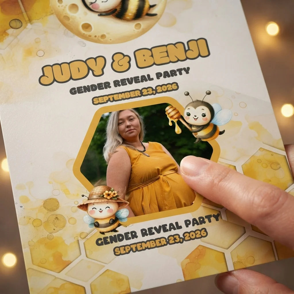 Close-up of the personalised name and photo printed on the What Will the Baby Bee Gender Reveal Party Mega Card