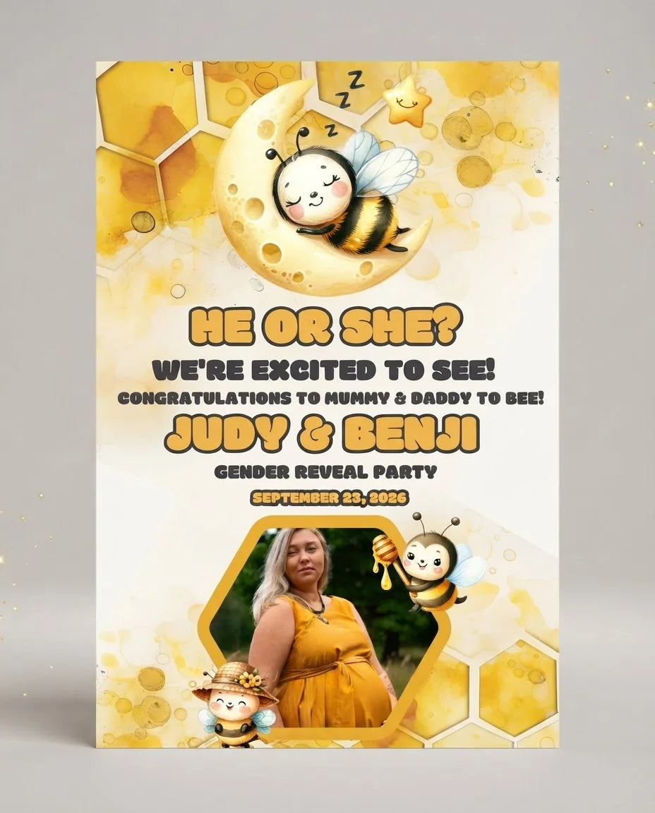 Personalised What Will the Baby Bee Gender Reveal Party Mega Card displayed against a plain studio background